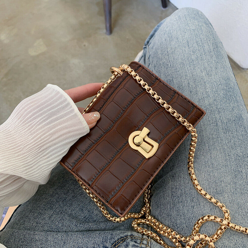 Elegant Women Pure Mini Shoulder Bags Leather Chain Messenger Bag (Brown)