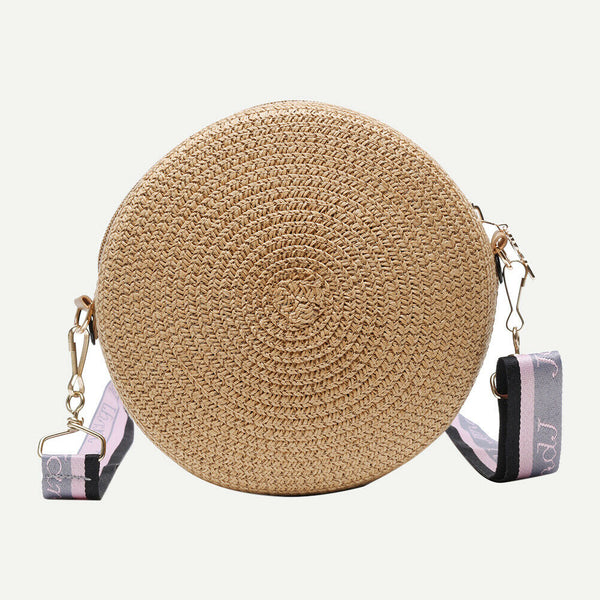 Handmade Straw Weave Round Women Small Beach Shoulder Bags (Dark Khaki)