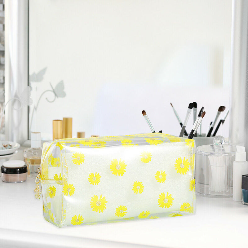 Women Transparent Cosmetic Bag Daisy Travel Makeup Organizer Pouch (Yellow) A