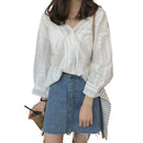 Korean Women Blouse Loose Stitching Hollow Lace V Neck Shirt Crochet Casual JC,a