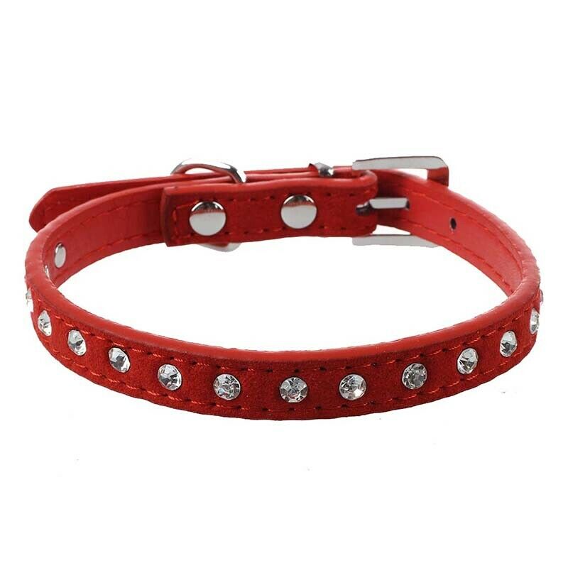 Pet Dog Cat Leatherette Crystal Rhinestone Collar Size S - Red