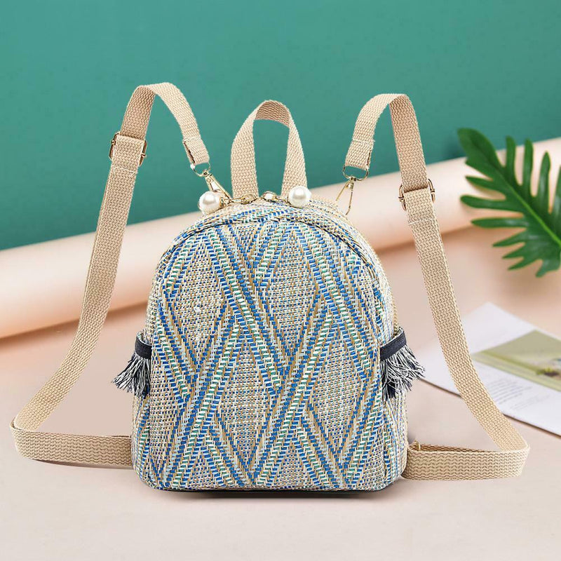 Straw Woven Small Backpacks Women Stripe Print Shoulder School Bags (Blue)