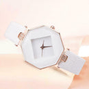 Elegant Women Watches Geometric PU Leather Quartz Dress Wristwatch (White) A