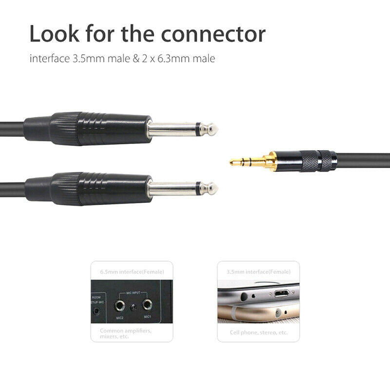 1/8" 3.5mm to Dual 6.35mm 1/4" Mono Jack Stereo Y-Splitter Headphone Audio tre