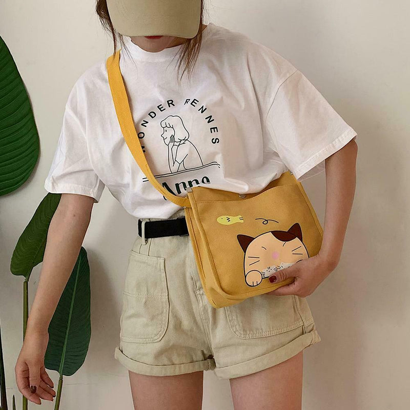 2pcs/set Women Canvas Cat Print Shoulder Satchel Handbags Pen Bag (Yellow) A
