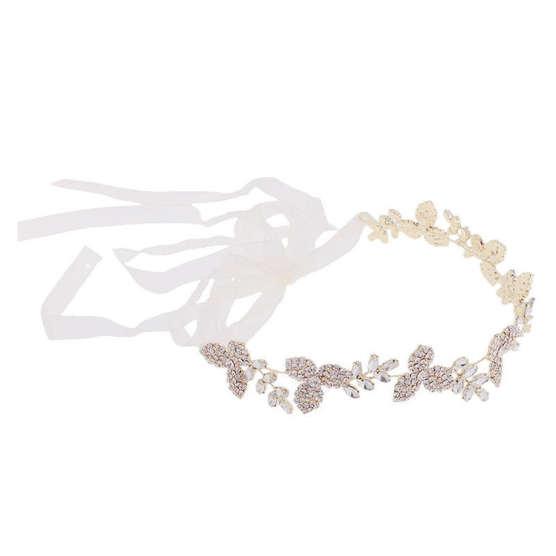 Gorgeous Ladies Girls Leaf Crystal Hair Band with Ribbon Headwear