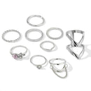 9pcs Geometric Rhinestone Flower Knuckle Ring for Women Streetwear Jewelry A