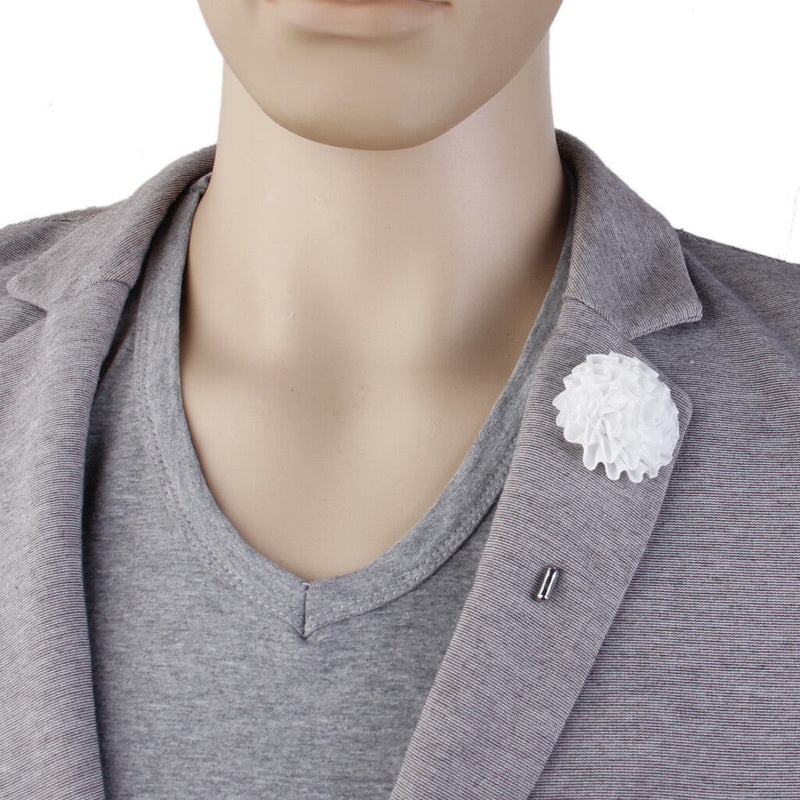 White Handmade Fabric Flower Boutonniere Men's Tuxedo Lapel Brooch Pin Stick