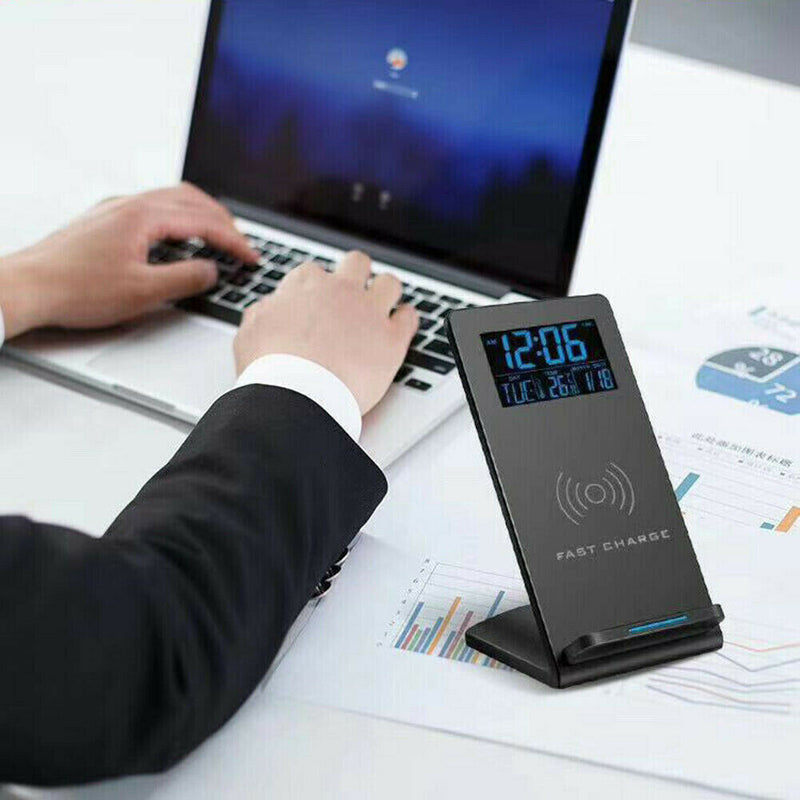 Electric LCD Digital Alarm Clock w/ Wireless Charging Pad Phone Charger Stand