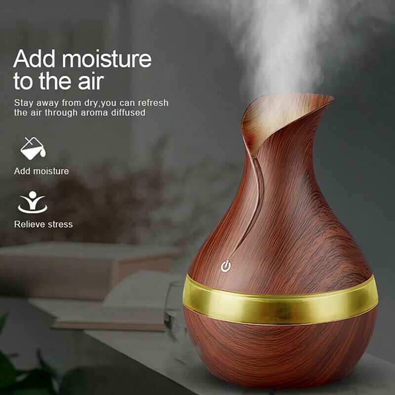 300 Ml Ultrasonic Air Humidifier Aroma Essential Oil Diffuser With Wood Gra X7P6