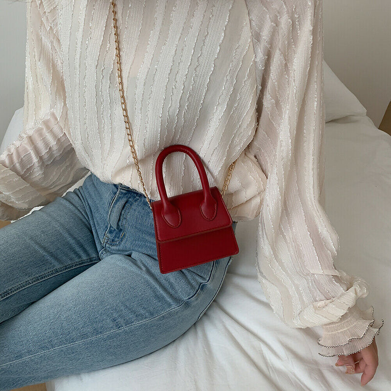 Women Leather Mini Shoulder Bags Pure Flap Chain Messenger Pouch (Red) A