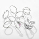 9pcs Geometric Rhinestone Flower Knuckle Ring for Women Streetwear Jewelry A