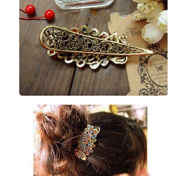 Women Fashion Retro Colorful Rhinestone Feathers Peacock Hair pin Duckbill Clip