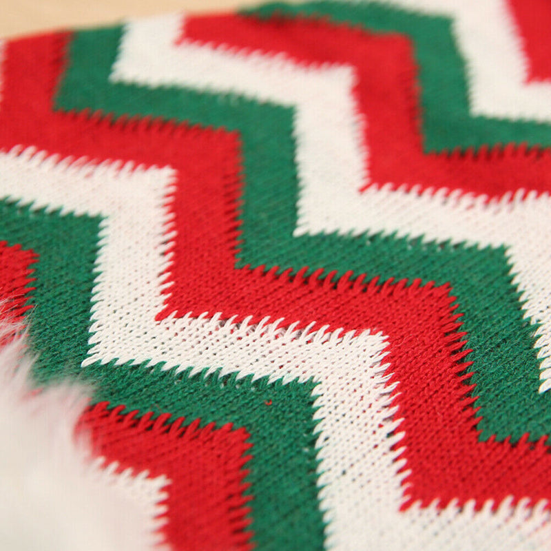 Knitted Christmas Hat Plush Striped Santa Claus Cap Gifts (Red Green White) A