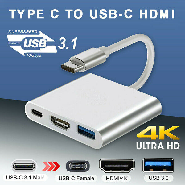 Type C USB 3.1 to USB-C HDMI 4K USB 3.0 Adapter Cable 3-in-1 Hub For Macbook Pro