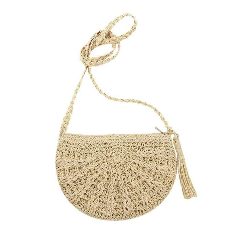 Tassels Beach Messenger Handbag Women Girl Crochet Straw Shoulder Bag/Beige
