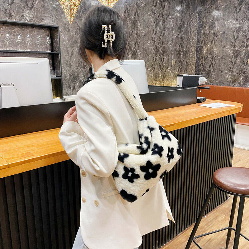 Animal Pattern Shoulder Underarm Bag Women Plush Top-handle Handbag (1)