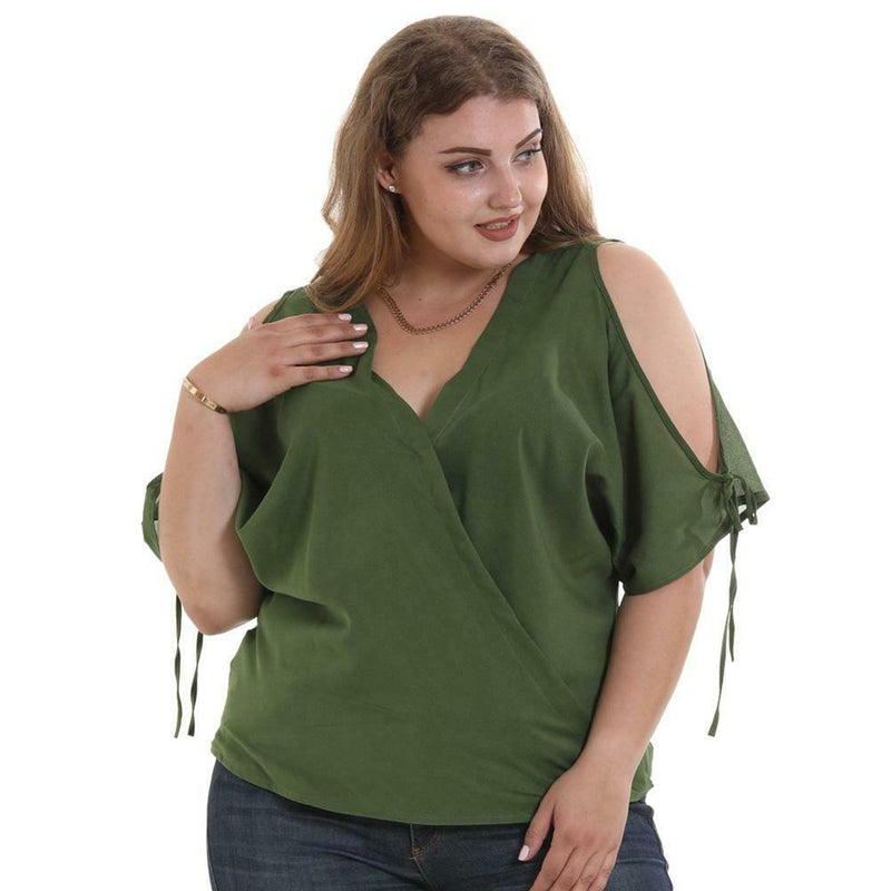 Off Shoulder Short Sleeve T Shirts Women Chiffon Tops (Army Green)(5XL)