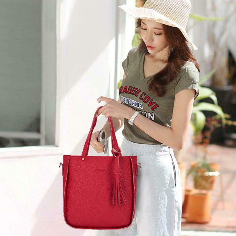 4pcs/Set Lichi Leather Tassels Women Tote Shoulder Clutch Card Bags (Red)