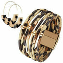 1 Set Fashion Charm Women Multilayer Leopard Leather Bracelet & Acrylic Earrings