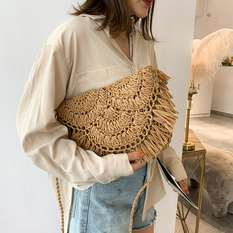 Summer Straw Tassel Shoulder Bag Women Beach Messenger Satchel Bags (Brown)