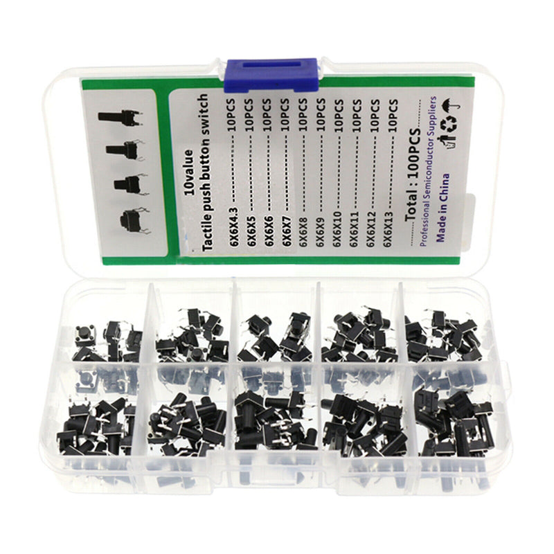 100PCS 6x6x4.3-13mm PCB Momentary Tactile Tact Push Button Switch Assortment