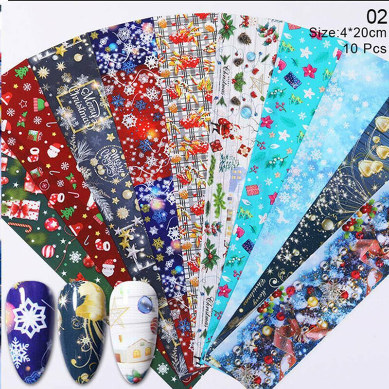 10Pcs Christmas Nail Foils Colorful Foil Nail Art Transfer Stickers Decals DIY