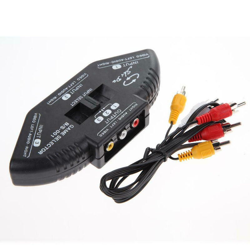 3-Way Audio Video AV RCA Black Switch Selector Box Splitter with/3RCA Cable