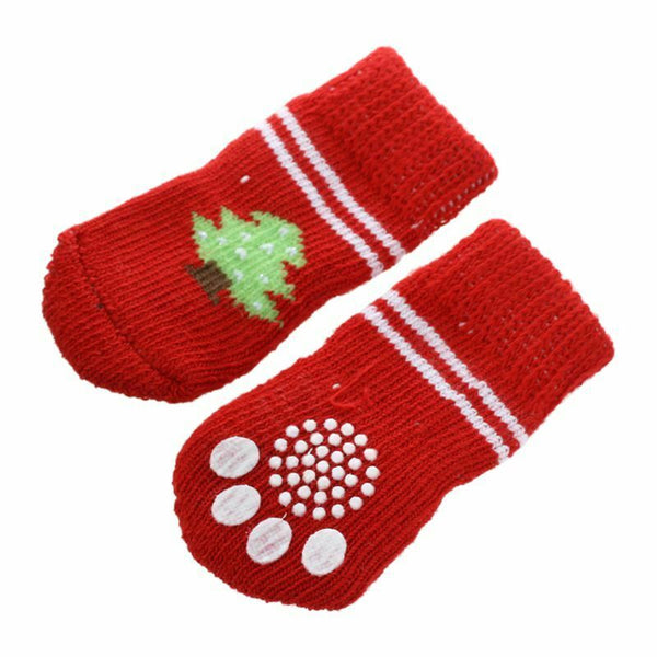 Red White Nonslip Christmas Tree Print Pet Dog Knitted Socks L4N5