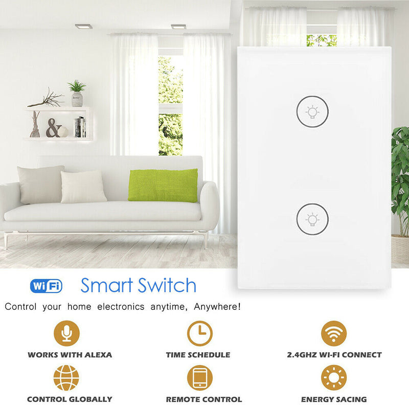 2 Gang WiFi Smart Light Wall Switch Touch Panel Voice Control US Standard A