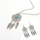 Bohemian Dreamcatcher Leaves Feather Pendant Necklace Earrings Jewelry Set LJ
