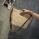Women Summer Weave Straw Beach Shoulder Bucket Handbags Tote(Beige)