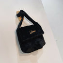 Plush Rabbit Tail Messenger Bag Women Solid Street Shoulder Satchel (Black)