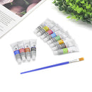 Acrylic Art Paint 12 Tubes Set- Mixed Assorted Colours Artist Craft Canvas Brush