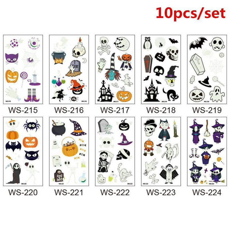 10x Halloween Luminous Tattoo Stickers Waterproof Temporary Tattoo Stickers