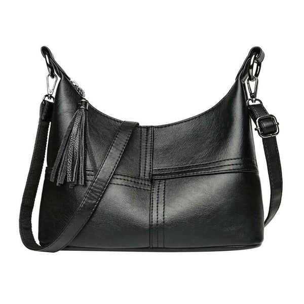 Women Messenger Soft Leather Shoulder Bags Tassel Crossbody Handbags (Black