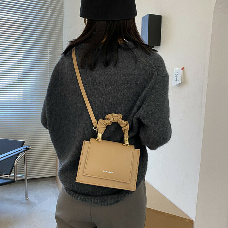 Handle Pleated Messenger Bag Women PU Solid Color Shoulder Handbags (Khaki)