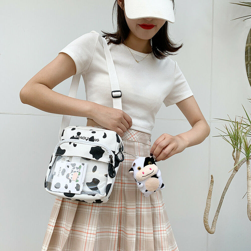 Canvas Women Cow Print Clear Splicing Pendant Shoulder Crossbody Bags (2) A
