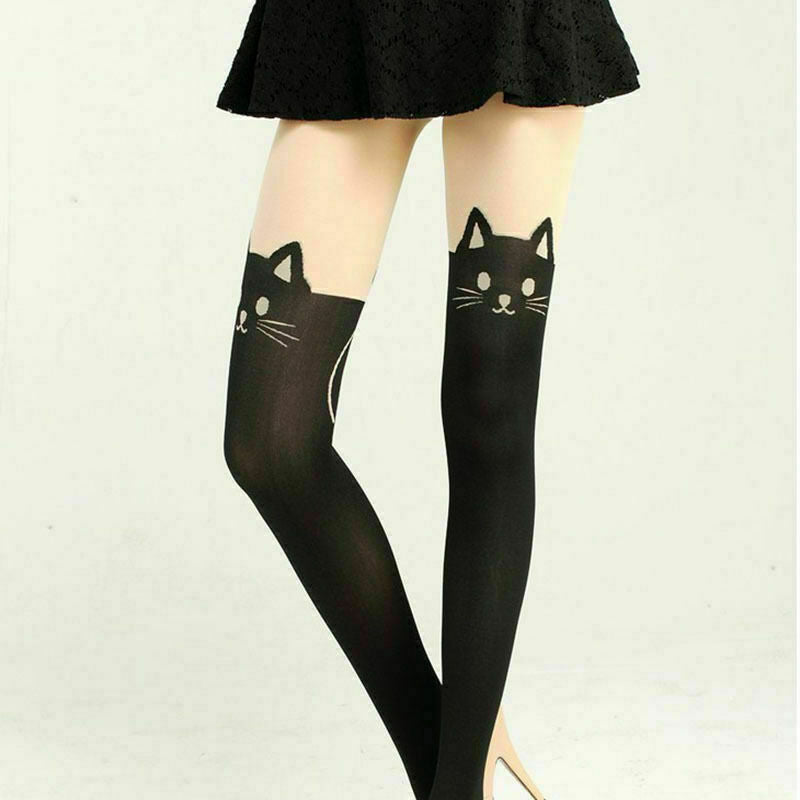Lady Enticing Cat Tail Tattoo Printed Knee High Stockings Pantyhose Tights O8H6