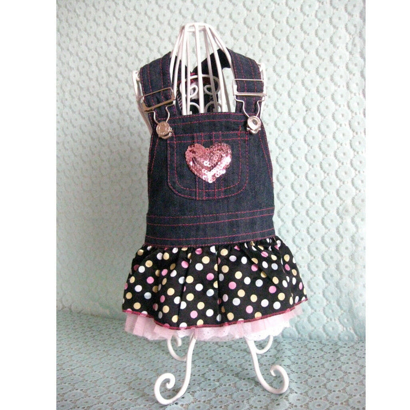 Denim & Pink Polka Dot Ruffle Jumper Dress Sequin Heart for Dog Puppy Size L