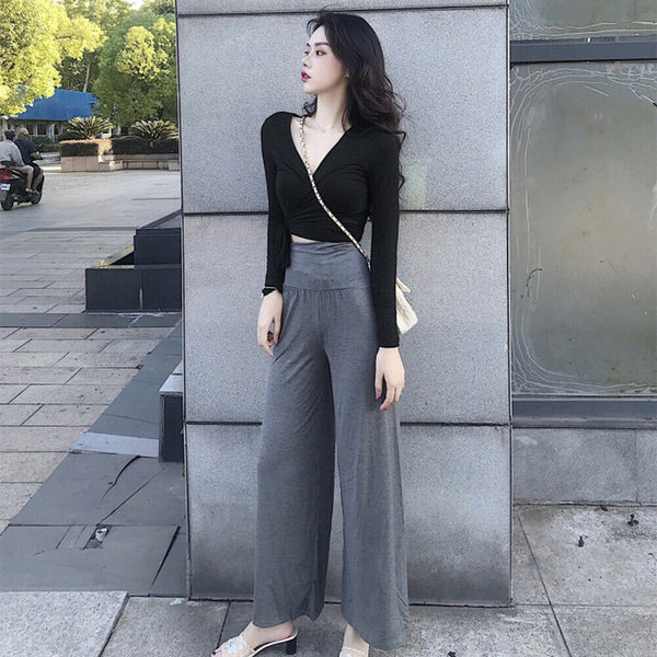Women Autumn Long Sleeve Solid V-Neck Bandage Sexy Crop Tops (Black XL) A#S