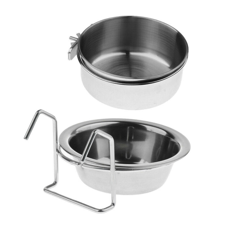 Set of 2, Pet Food Feeder Water Drinker Stainless Steel Coop Cup Hook on For