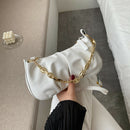 Solid Pleated Women Shoulder Bag PU Clear Chain Crossbody Handbag (White)