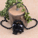 Natural Black Obsidian Stone Carved Cute Elephant Lucky Pendant Beads Necklace