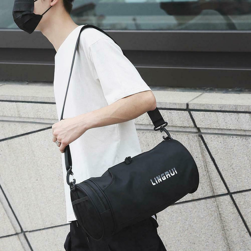 Women Barrel-Shaped Sports Gym Shoulder Bag Waterproof Nylon Bags (Black) A