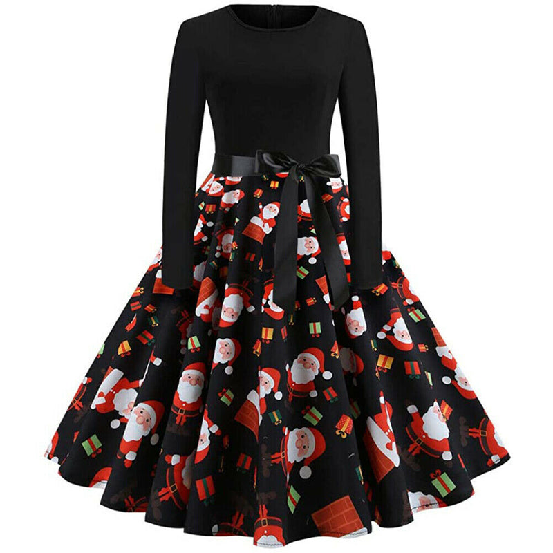 Christmas Retro Round Neck Printed Long Sleeve Swing Dress