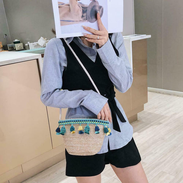 Women Tassel Shoulder Bags Straw Messenger Crossbody Beach Handbags (Green) A#S