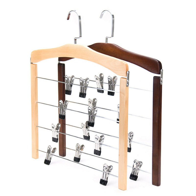 2PCS WOODEN 4 LAYER PANTS HANGER CLOSET SKIRT JEANS SLACK HANGERS STORAGE RACKS
