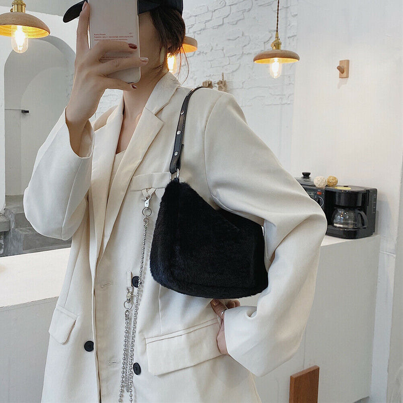 Plush Underarm Pack Shoulder Messenger Bag Women Soft Fluffy Totes (Black)