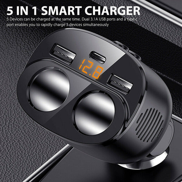 2-Way Cigarette Lighter Socket Splitter Dual USB + PD Charger Power Adapter Car